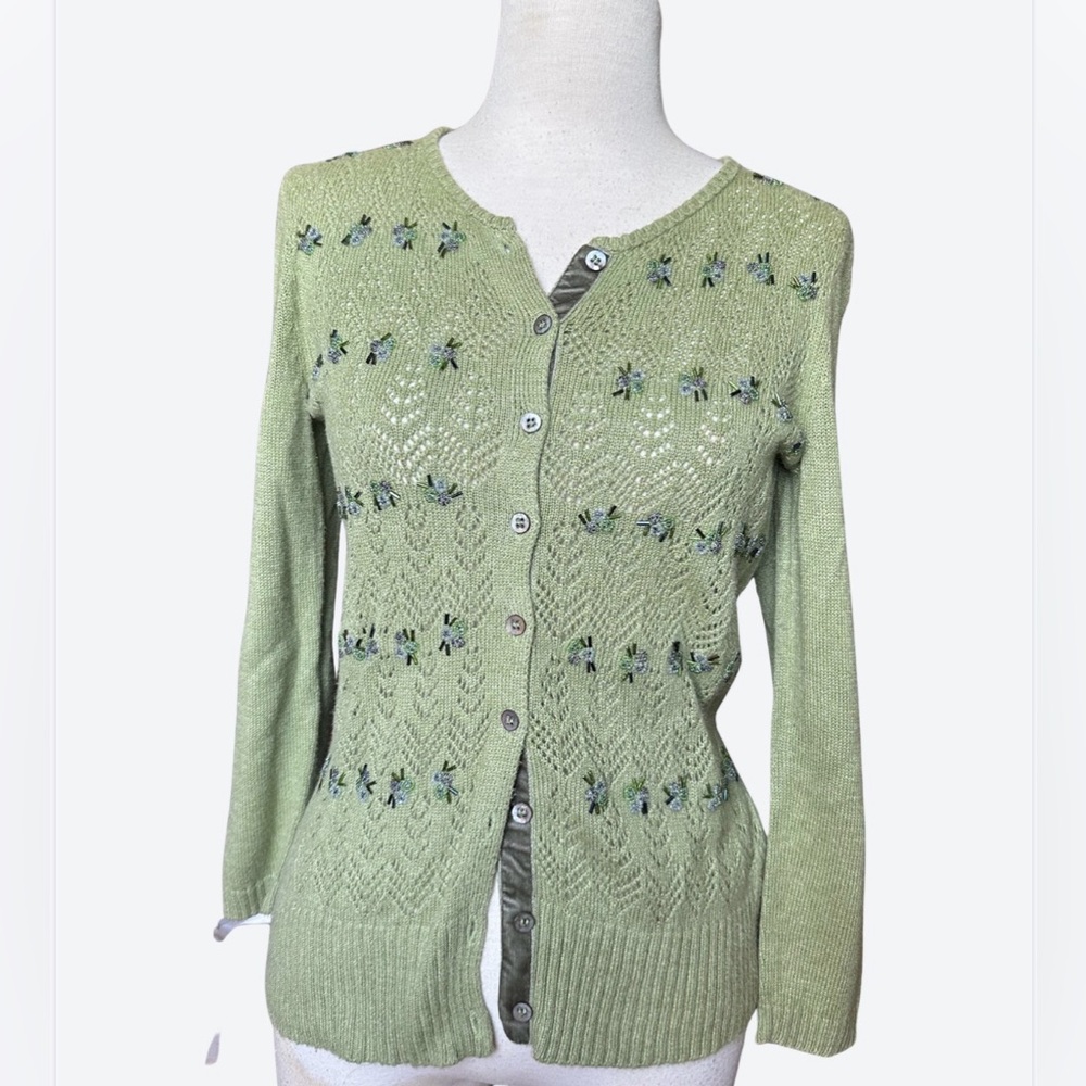 Sigrid Olsen pointelle lace beaded cardigan sweater XS